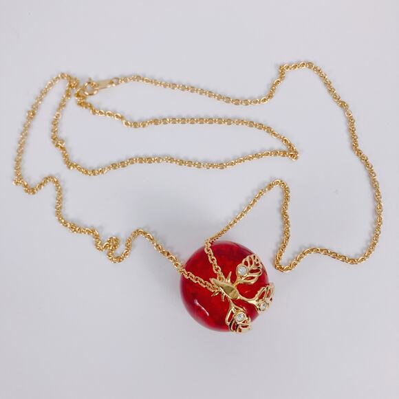 Vintage Avon Lucite Red Candy Apple Clear Rhinestone Pendant Necklace 32" Long - Picture 6 of 11